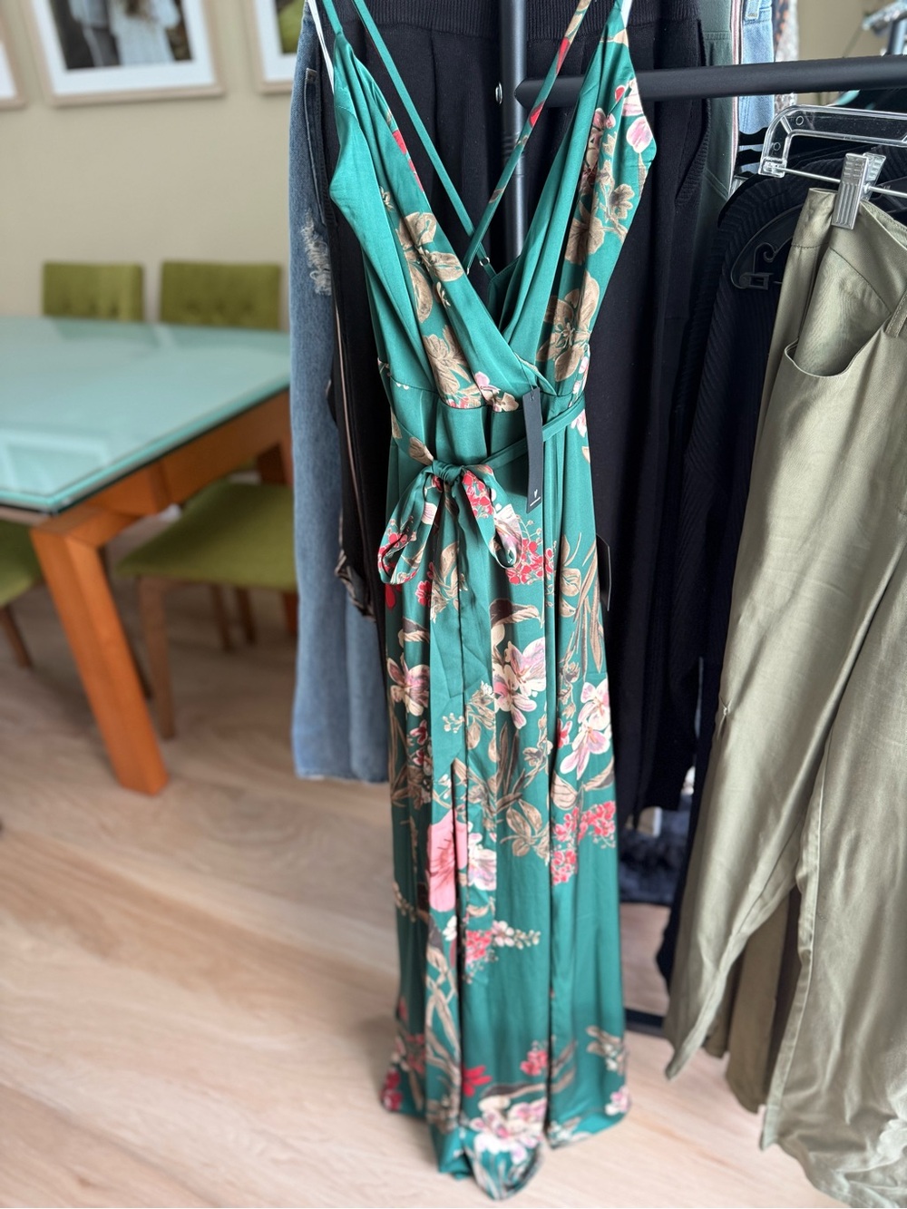 Lulu's Teal Floral Silk Wrap Maxi Dress with Tie Waist